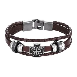 Vintage geflochtenes Lederarmband fuer Herren mit Metallkreuz und Metallverschluss retro.