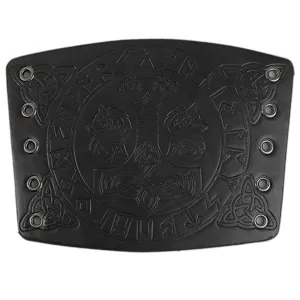 Black leather Viking bracer featuring embossed Thor hammer and runes for medieval cosplay.