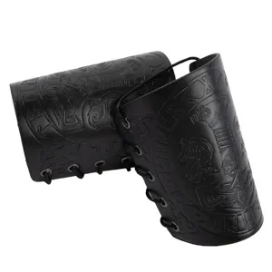 Black leather medieval Viking bracers with embossed runic patterns and lace-up design.