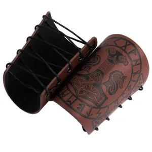 Viking leather bracers with Thor hammer embossing, medieval cosplay costume wristband.