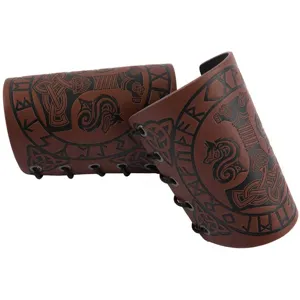 Detail view of embossed Nordic rune patterns and adjustable lacing on medieval leather bracers.