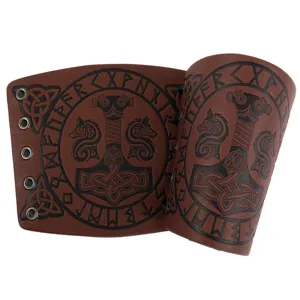 Medieval Viking Thor Hammer embossed leather bracer cosplay pagan runic arm armor accessories