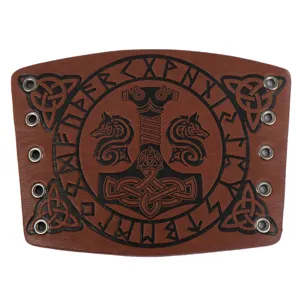 Medieval Viking Style Thors Hammer Embossed Leather Bracers Arm Guard Costume Accessories Cosplay