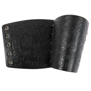 Nordic Viking Thor hammer embossed leather bracer for medieval COS costume and retro street wear