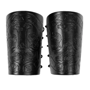 Nordic Viking Thor Hammer Embossed Leather Bracers Medieval Cosplay Arm Guards Pair Black
