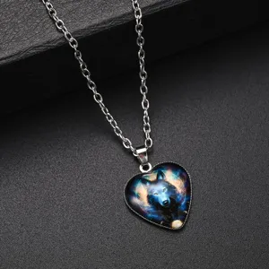 Men's Fashion Wolf Totem Pendant Necklace Alloy Starry Sky Glass Gem Silver Chain Vintage Jewelry Gift