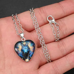 Men's stylish blue wolf totem heart pendant necklace with metal chain for daily fashion wear.
