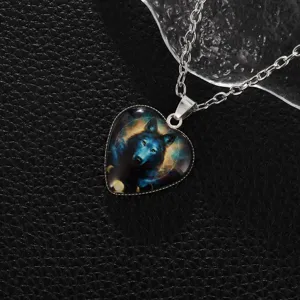 Close-up detail of men's heart wolf totem pendant necklace, stylish metal chain jewelry.