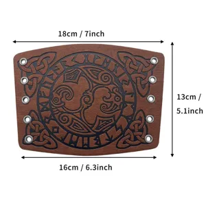 Medieval Viking embossed leather bracer with Celtic runes and metal eyelets, 18x13cm.