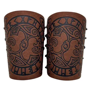 Viking Bracers Nordic Raven PU Leather Cuffs Medieval Cosplay Arm Guard Pair Brown