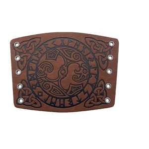 Medieval Viking leather bracer with rune embossed design, perfect for cosplay and costume.
