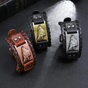 Men retro Viking wolf head braided leather bracelet detail shot showing multiple color variants.