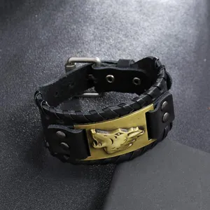 Men vintage leather bracelet with metal wolf head motif, braided band, adjustable buckle.