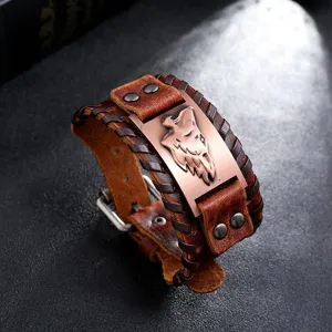 Vintage viking wolf head braided leather bracelet for men punk retro wristband jewelry