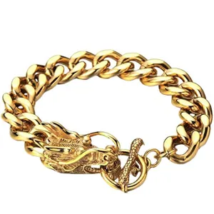 Heren goud vintage drakenkop schakelketting armband, gedetailleerd draken gesp sieraad.