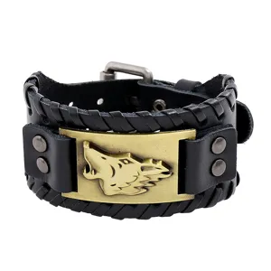 Mens vintage viking wolf head wide leather bracelet braided gothic punk wristband jewelry