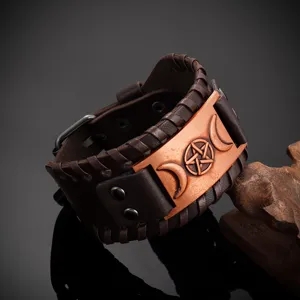 Bracelet large en cuir vintage pour homme style punk gothique viking pentagramme bijoux