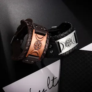 Punk bracelet cuir large avec pendentif pentagramme vintage pour homme femme style gothique.