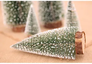 Mini sapin de noël de bureau, cèdre des neiges floqué avec une base en bois, déco.