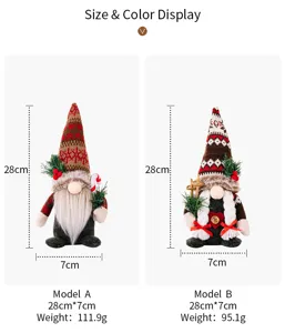 Kerst kabouter pluche speelgoed details met hoogte en breedte afmetingen voor de twee leuke stijlen.