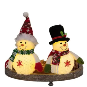 Kerst Verlichte Sneeuwman Pop Ornamenten Set met LED Verlichting en Houten Dienblad