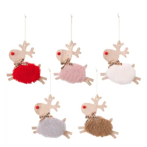 5-pack Christmas wooden reindeer hanging ornaments with plush bodies and plaid bows for tree decor.