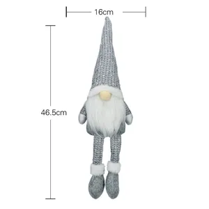 Detail shot of the grey Christmas gnome doll with long legs, festive holiday decor piece.