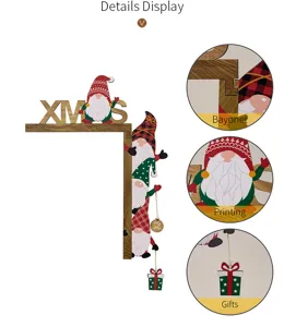 Christmas wooden gnome door corner sign detail view, festive holiday frame hanging decor.