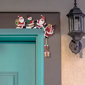 Wooden Christmas door corner decoration with cartoon Santa and snowman, festive holiday home decor.