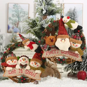 Christmas wreath hanging decoration with plush Santa snowman and reindeer for holiday home decor