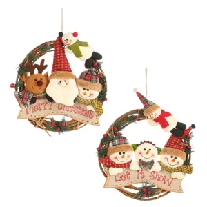 Christmas rattan wreath hanging ornament with cute snowman and Santa plush dolls for holiday decor.