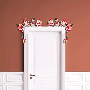 Wooden Christmas door corner decor with cartoon Santa and snowman for festive holiday party atmosphere.