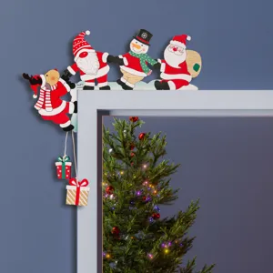 Wooden Christmas door corner decoration featuring Santa and snowman, festive holiday home decor.