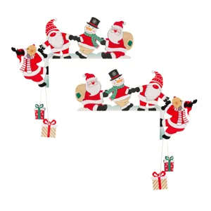 Wooden Christmas door corner decoration featuring Santa Claus, snowman and hanging gifts.