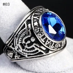 Vintage US military style alloy ring with blue crystal stone and detailed eagle relief.