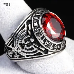 Vintage US army military style alloy ring with large red stone statement jewelry for men