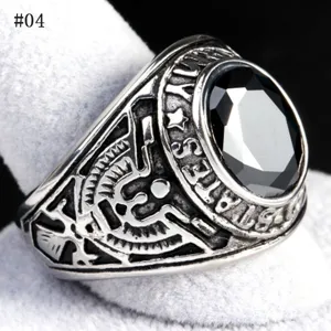 Vintage US Army eagle men ring with black stone alloy retro military biker jewelry ring