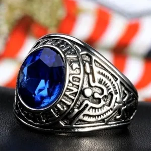 Vintage military style alloy ring with large blue synthetic gemstone for men daily wear.