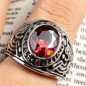 Vintage red stone men ring retro military style alloy jewelry fashion accessory cool gift