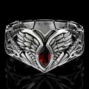 Anillo de plata estilo punk vintage con circonita roja y alas de ángel joyería hombre