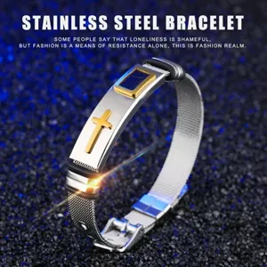 Stainless steel mesh bracelet for men featuring a gold cross design and secure clasp detail.