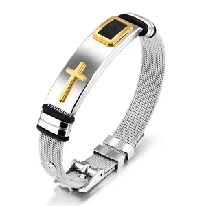 Men stainless steel cross mesh bracelet detail, featuring stylish metal plate and secure clasp.