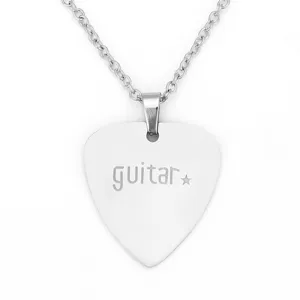 Alloy guitar pick pendant necklace with metal chain, vintage style fashion jewelry item.