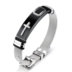 Stainless steel cross mesh bracelet detail showing black panel and sturdy metal clasp.
