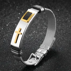 Stainless steel cross mesh bracelet for men, stylish titanium steel wristband jewelry.