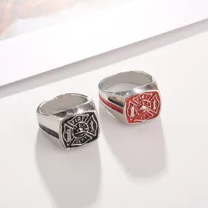 Men Retro Alloy Ring Firefighter Maltese Cross Vintage Statement Band Fashion Punk Finger Jewelry Ring