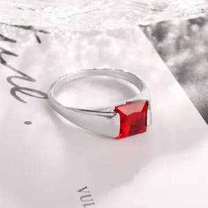 Fashion minimalist silver ring with a square red synthetic gemstone for daily use.