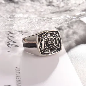 Vintage men's alloy ring featuring detailed fire department badge design for cool daily wear.