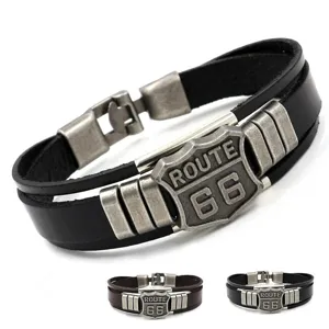 Brazalete multicapa de cuero PU Route 66 vintage escudo metal punk hombre moda estilo