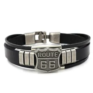 Pulsera de Cuero PU Multicapa Punk Vintage para Hombre Dije de Metal de Escudo Route 66 Pulsera Trenzada Regalo de Joyería de Moda